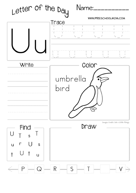 Letter Of The Day Worksheet - Letter U Printable pdf