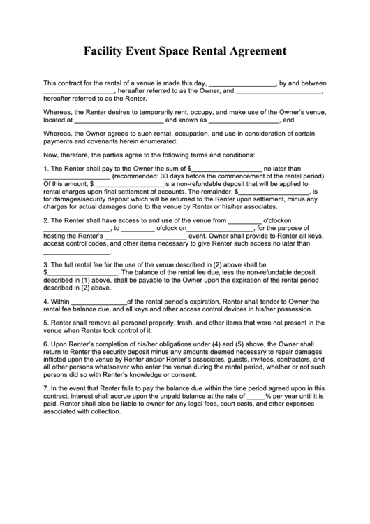 Facility Event Space Rental Agreement Template
