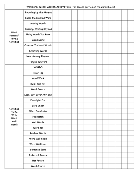 Working With Words Activities - Checklist Printable pdf