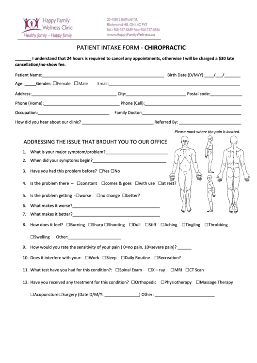 Chiropractic Patient Intake Form Printable pdf
