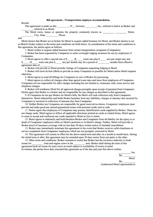 Bid Agreement Form - Transportation Employee Accommodation Printable pdf