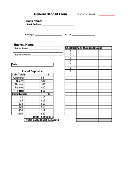 General Deposit Form Printable pdf