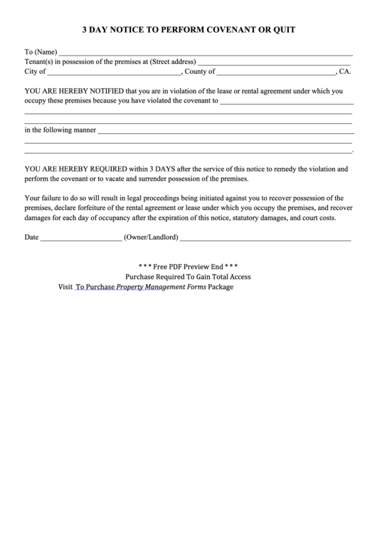 3 Day Notice To Perform Covenant Or Quit Form Printable pdf