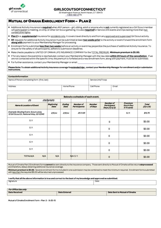Fillable Girl Scouts Of Connecticut - Mutual Of Omaha Enrollment Form - Plan 2 Printable pdf