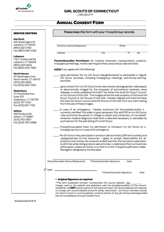 Fillable Annual Consent Form - Girl Scouts Of Connecticut Printable pdf