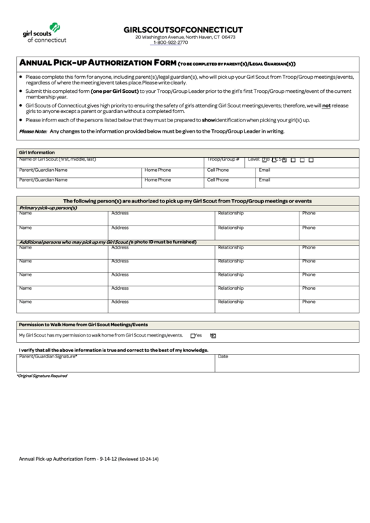 Fillable Annual Pick-Up Authorization Form - Girl Scouts Of Connecticut Printable pdf