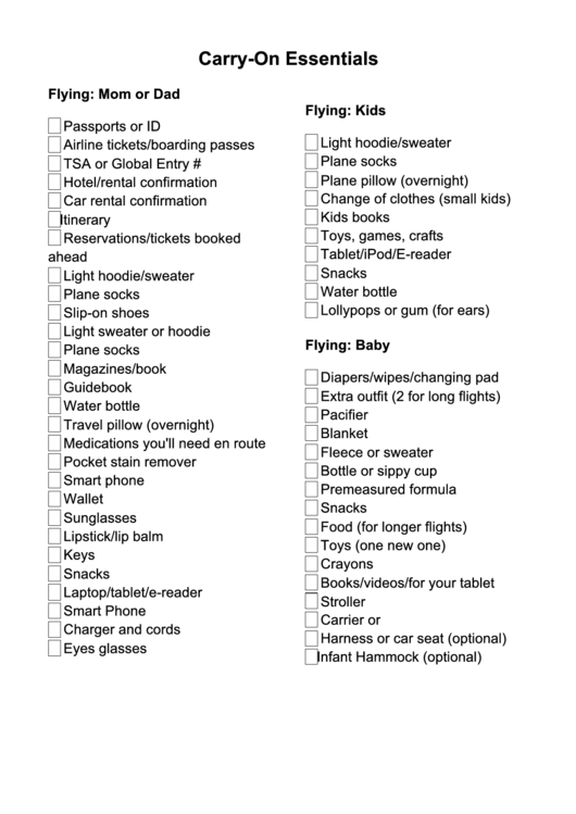 Carry-On Packing List Printable pdf