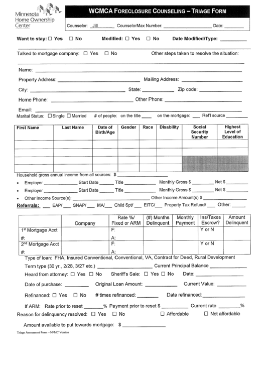 Wcmca Foreclosure Counseling - Triage Form - Minnesota Home Ownership Center Printable pdf