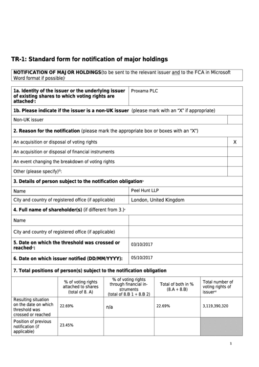 Form Tr-1 - Standard Form For Notification Of Major Holdings Printable pdf