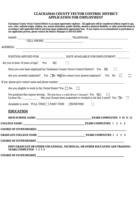 Application For Employment - Clackamas County Vector Control District Printable pdf