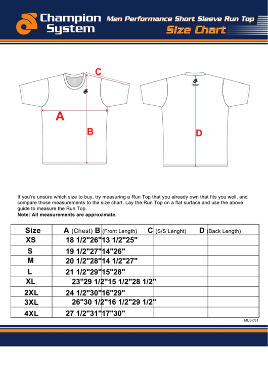 Short Sleeve Run Top Size Chart Printable pdf