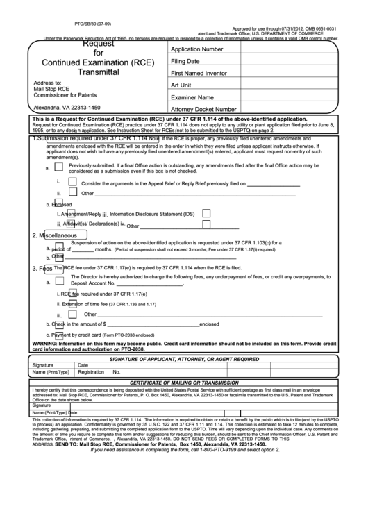 Fillable Form Pto/sb/30 - Request For Continued Examination (Rce) Transmittal Printable pdf