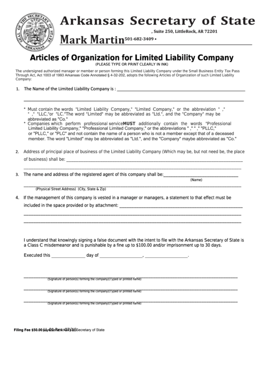 Fillable Form Ll-01 - Articles Of Organization For Limited Liability Company Printable pdf