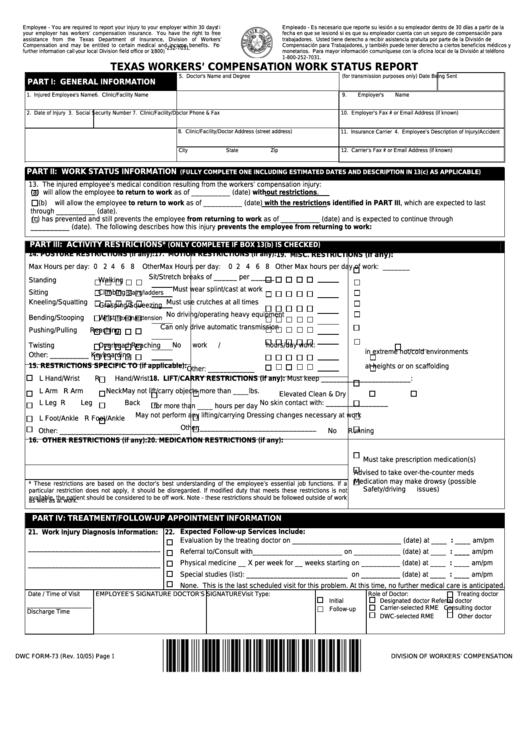 Fillable Dwc Form-73 - Texas Workers