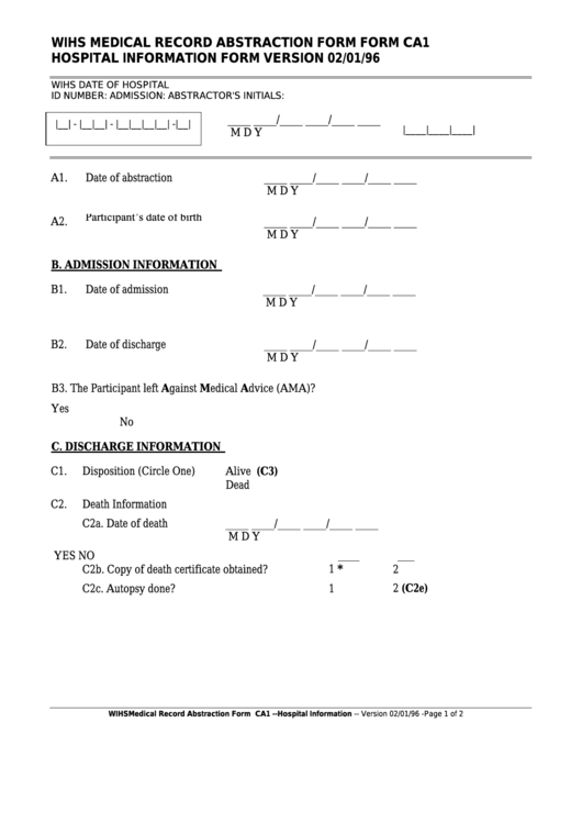Form Ca1 - Wihs Medical Record Abstraction Printable pdf