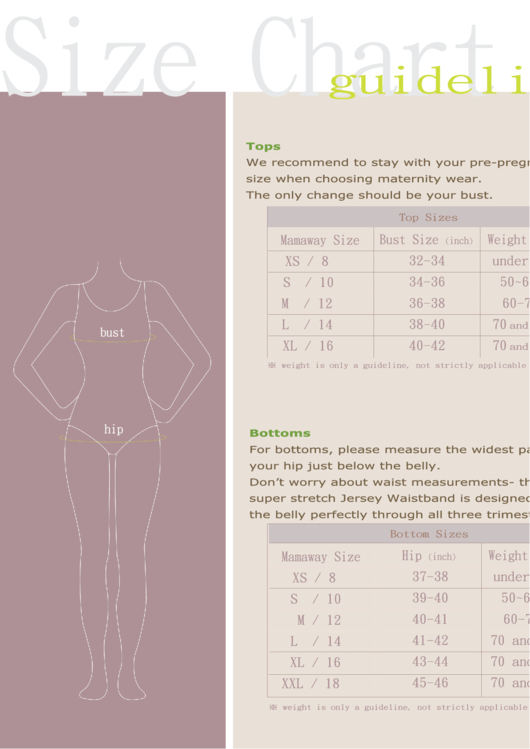 Women Size Chart Guideline Printable pdf