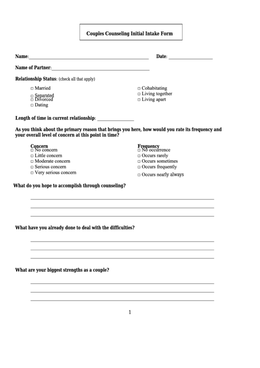 Fillable Couples Counseling Initial Intake Form Printable pdf