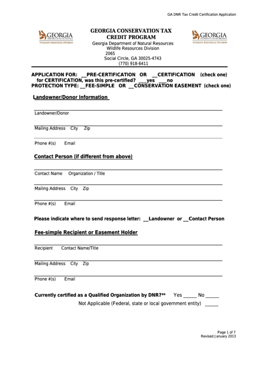 Tax Credit Certification Application Form - Georgia Department Of Natural Resources Printable pdf
