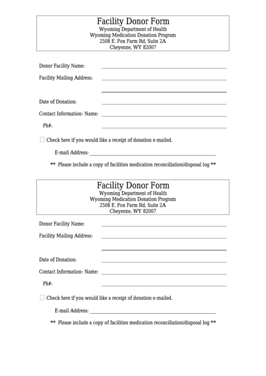 Facility Donor Form - Wyoming Department Of Health Printable pdf