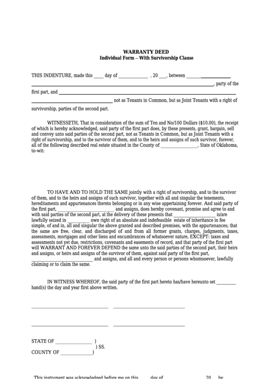 Warranty Deed Individual Form - With Survivorship Clause Printable pdf