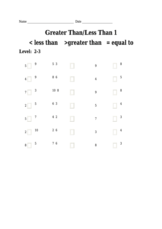 Greater Than/less Than Equalities Math Worksheet Printable pdf