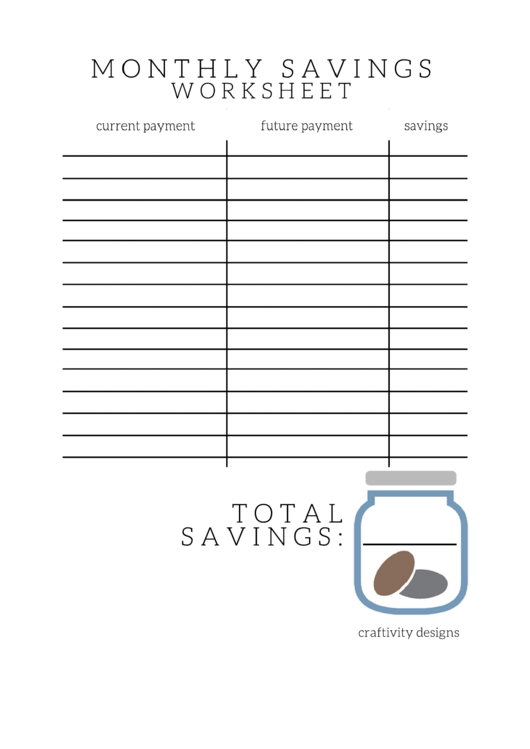 Monthly Savings Worksheet Printable pdf