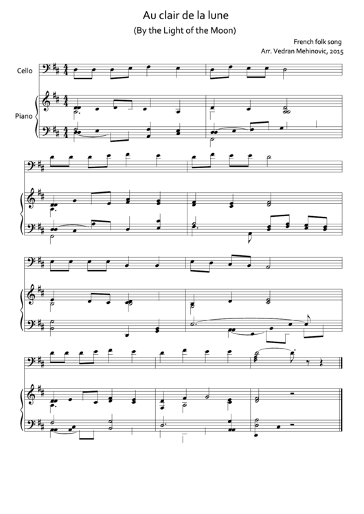 Au Clair De La Lune Piano Sheet Music Printable pdf