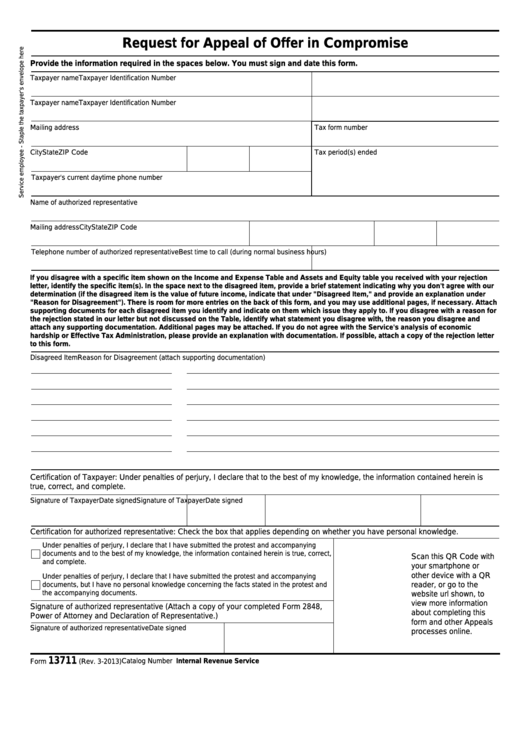 Fillable Form 13711 - Request For Appeal Of Offer In Compromise Printable pdf