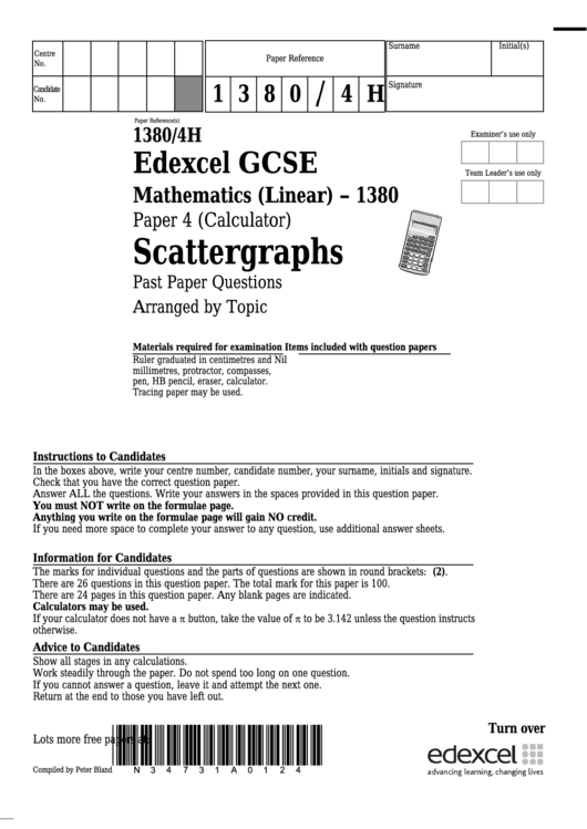 Edexcel Gcse Mathematics (Linear) - Scattergraphs Printable pdf