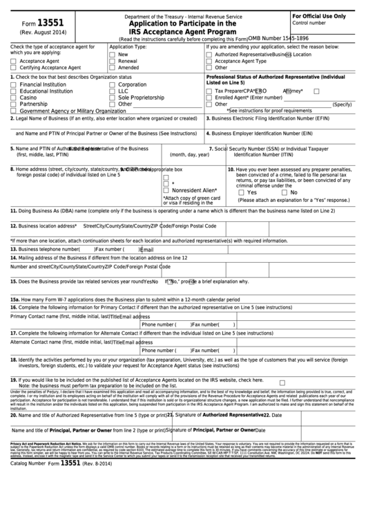 Fillable Form 13551 - Application To Participate In The Irs Acceptance Agent Program Printable pdf