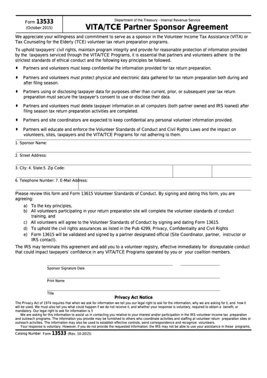 Fillable Form 13533 - Vita/tce Partner Sponsor Agreement Printable pdf