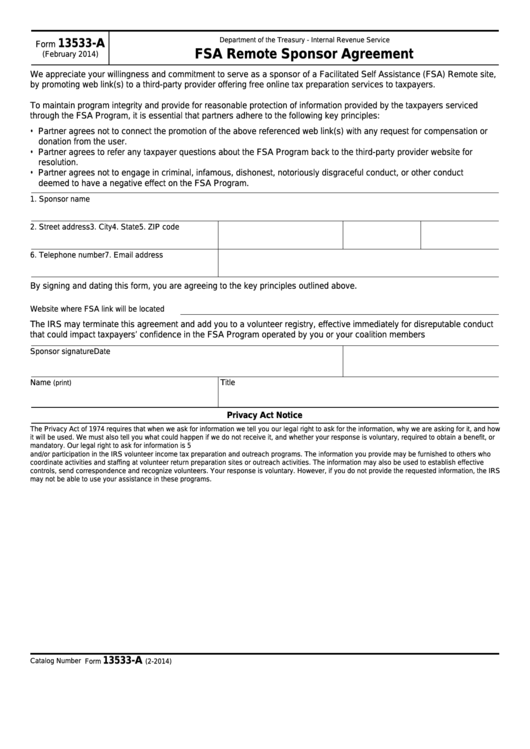 Fillable Form 13533-A - Fsa Remote Sponsor Agreement Printable pdf