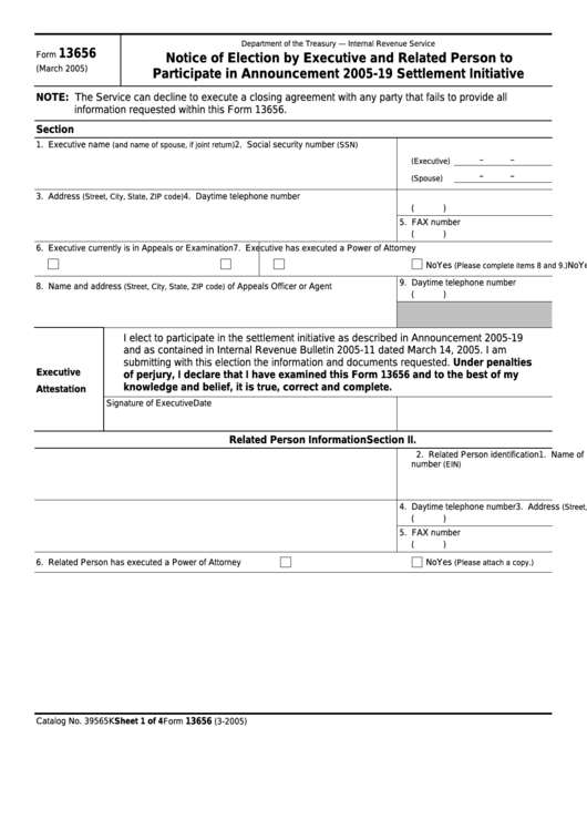 Fillable Form 13656 - Notice Of Election By Executive And Related Person To Participate In Announcement 2005-19 Settlement Initiative Printable pdf