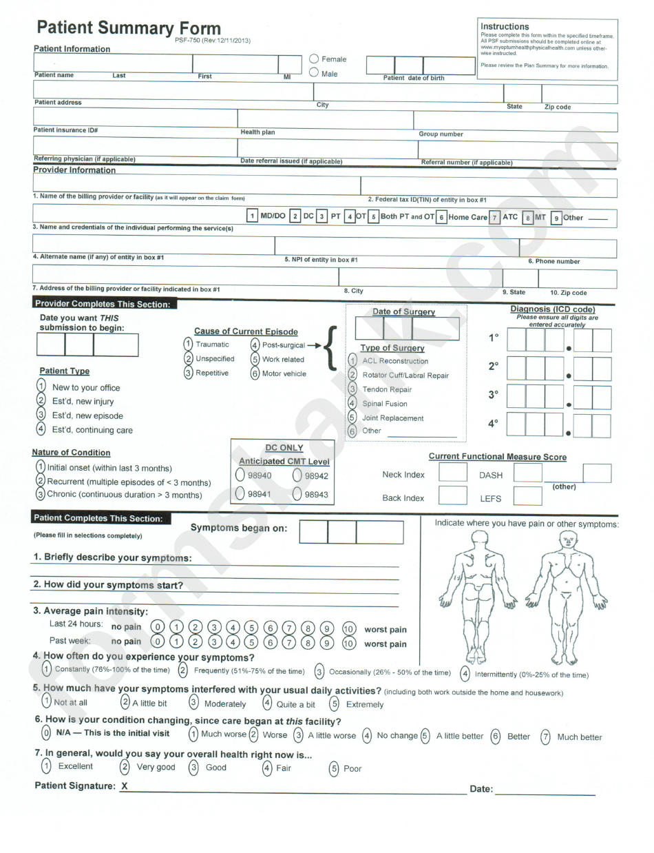 Form Psf-750 - Patient Summary Form