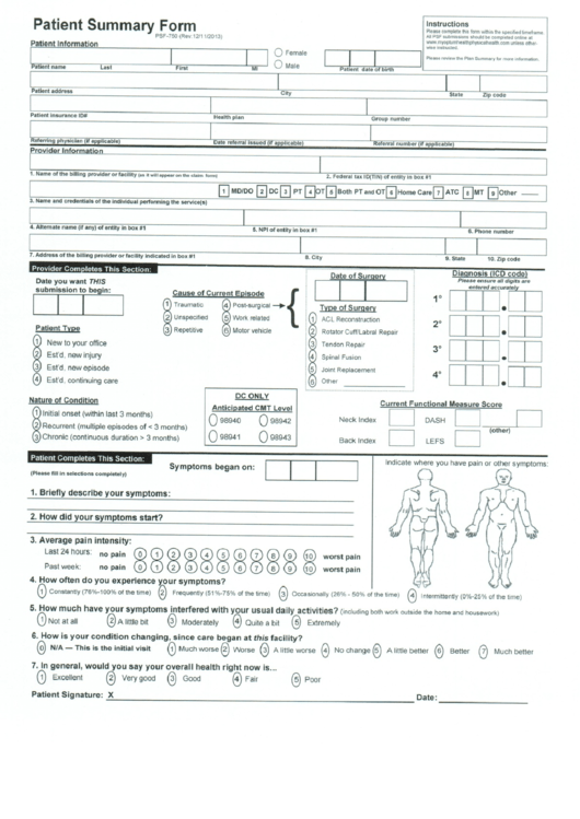 Form Psf-750 - Patient Summary Form Printable pdf