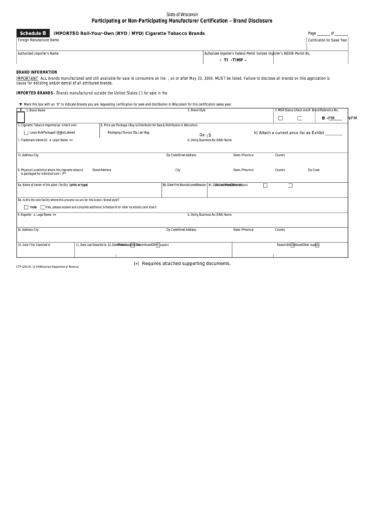 Form Ctp-123b - Wisconsin Participating Or Non-Participating Manufacturer Certification - Brand Disclosure Printable pdf