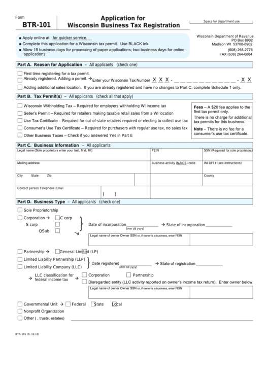 Form Btr-101 - Application For Wisconsin Business Tax Registration Printable pdf