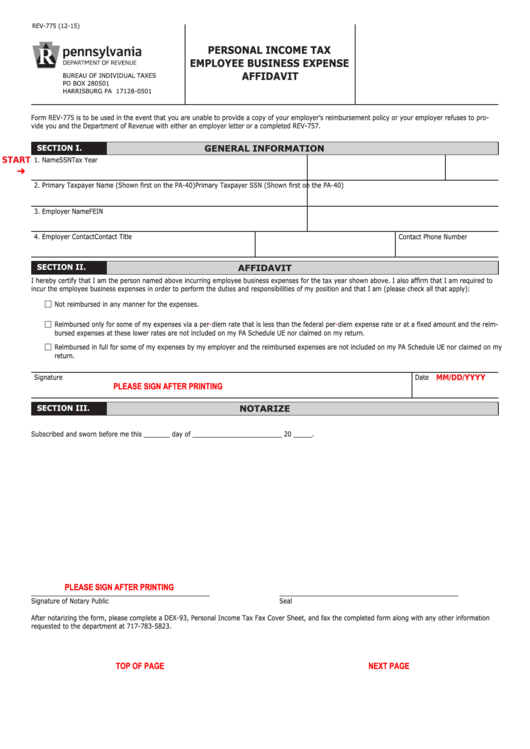 Fillable Form Rev-775 - Pennsylvania Personal Income Tax Employee Business Expense Affidavit Printable pdf