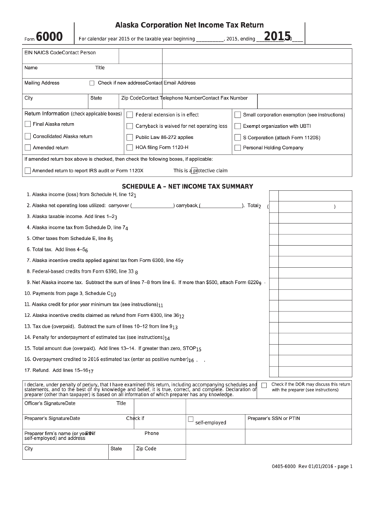 Form 6000 - Alaska Corporation Net Income Tax Return - 2015 Printable pdf