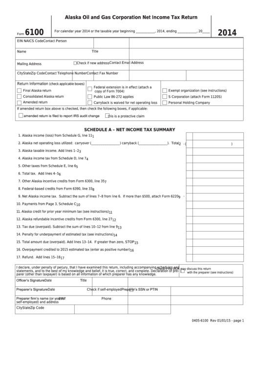 Fillable Form 6100 - Alaska Oil And Gas Corporation Net Income Tax Return - 2014 Printable pdf