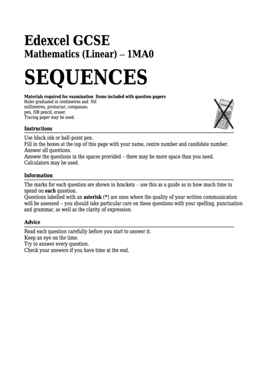 Edexcel Gcse Mathematics (Linear) - Sequences Problems Printable pdf