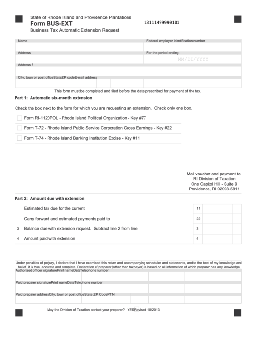 Fillable Form Bus-Ext - Rhode Island Business Tax Automatic Extension Request Printable pdf