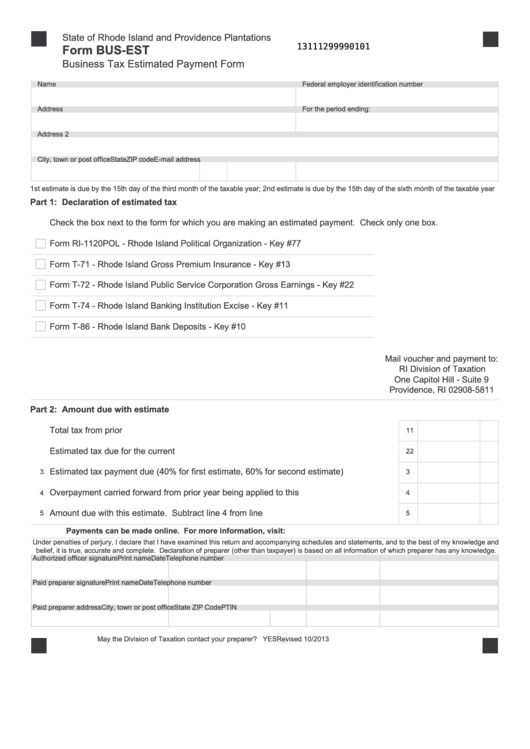 Fillable Form Bus-Est - Rhode Island Business Tax Estimated Payment Form Printable pdf