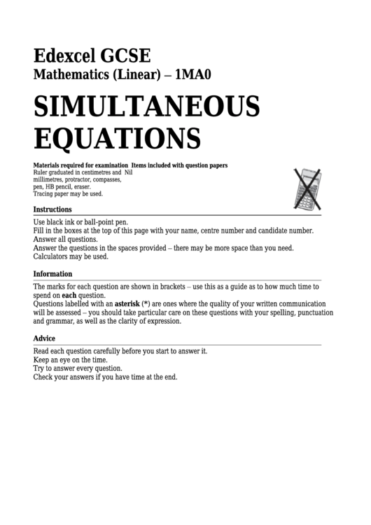 Edexcel Gcse Mathematics (Linear) - Simultaneous Equations Printable pdf