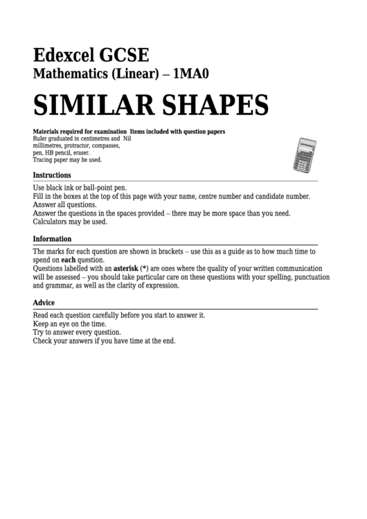 Edexcel Gcse Mathematics (Linear) - Similar Shapes Printable pdf