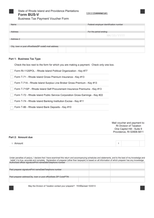 Fillable Form Bus-V - Rhode Island Business Tax Payment Voucher Form Printable pdf