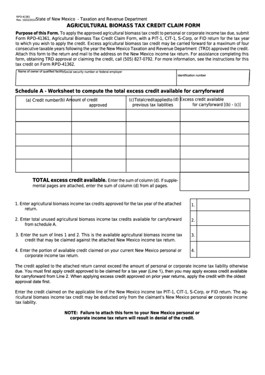 Fillable Form Rpd-41361 - New Mexico Agricultural Biomass Tax Credit Claim Form Printable pdf