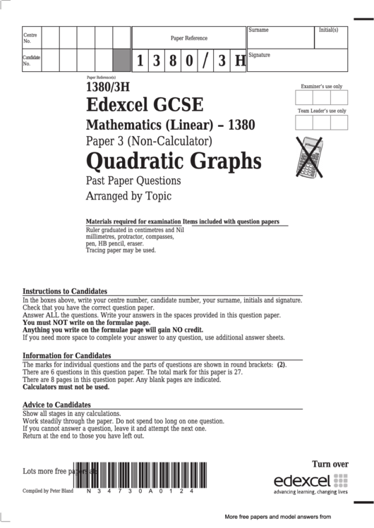 Edexcel Gcse Mathematics (Linear) - Quadratic Graphs Printable pdf