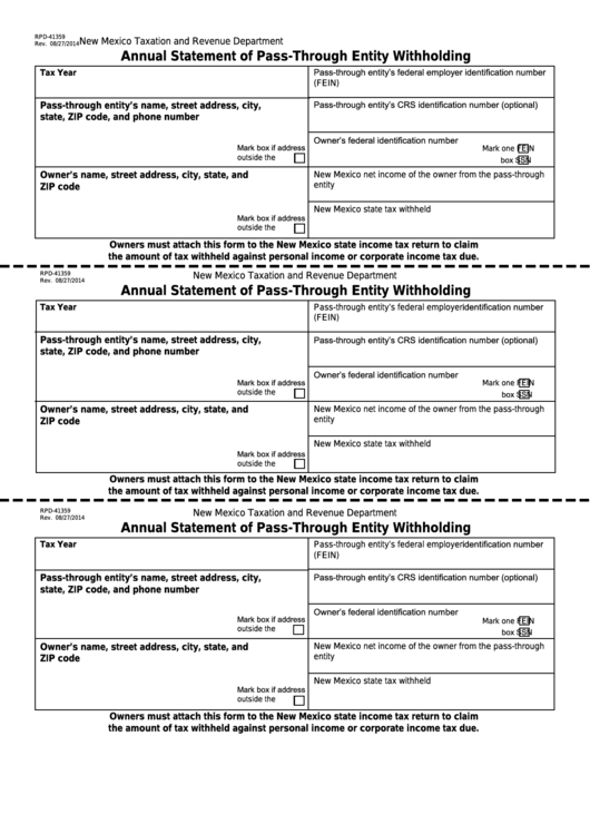Form Rpd-41359 - New Mexico Annual Statement Of Pass-Through Entity Withholding Printable pdf