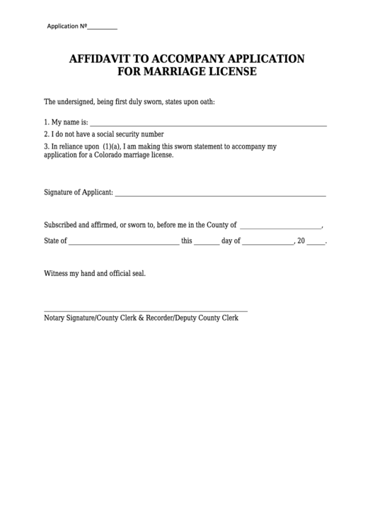 Affidavit To Accompany Application For Marriage License Printable pdf